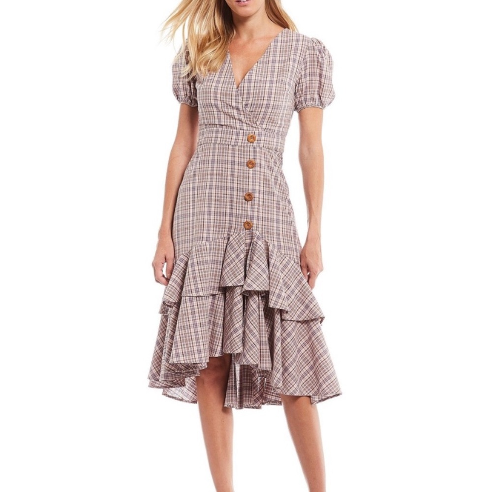 ENGLISH FACTORY | Pink plaid button-up ruffle midi dress